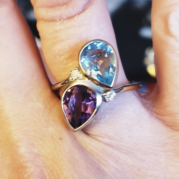 NWT African Amethyst, Sky Blue Topaz and Moissanite Bypass Ring Size 9 - Picture 10 of 13